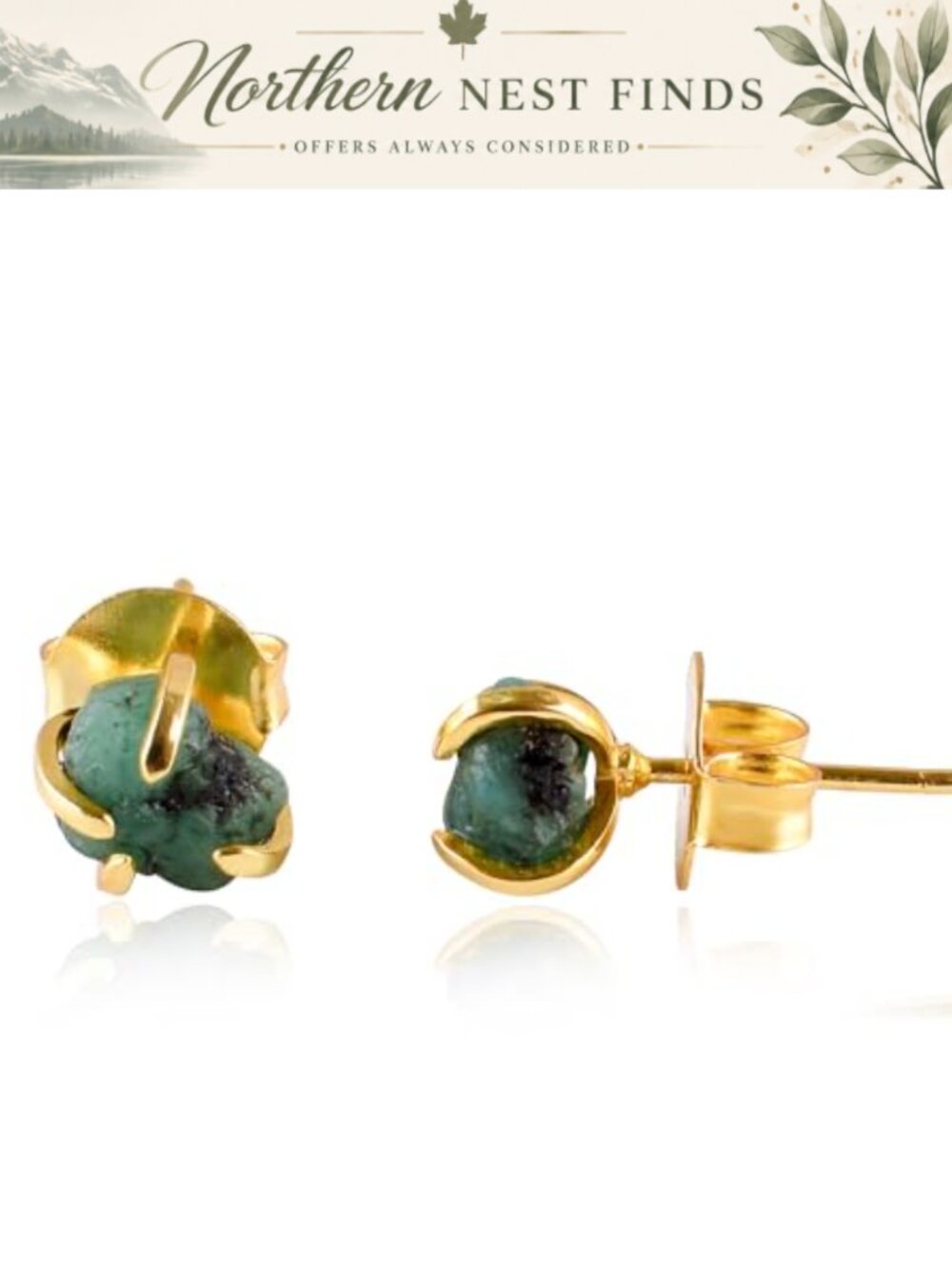 Raw Emerald Stud Earrings 14K Gold Plated Brass Gemstone Jewelry Gift Her